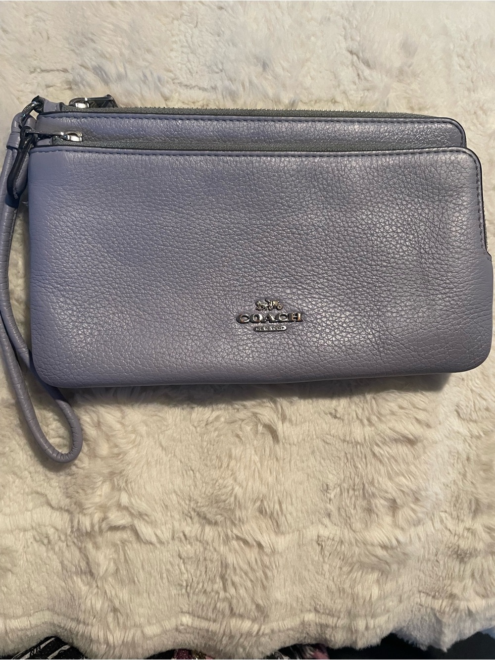 Coach Double Zip Light Blue Pebbled Leather Wristlet